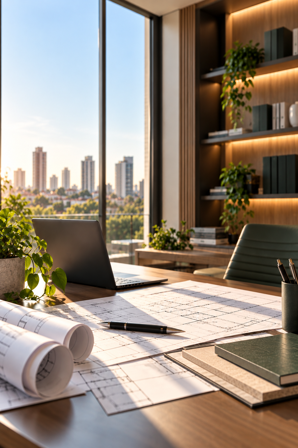 Escritório com vista para a cidade, plantas arquitetônicas sobre a mesa — imagem ilustrativa