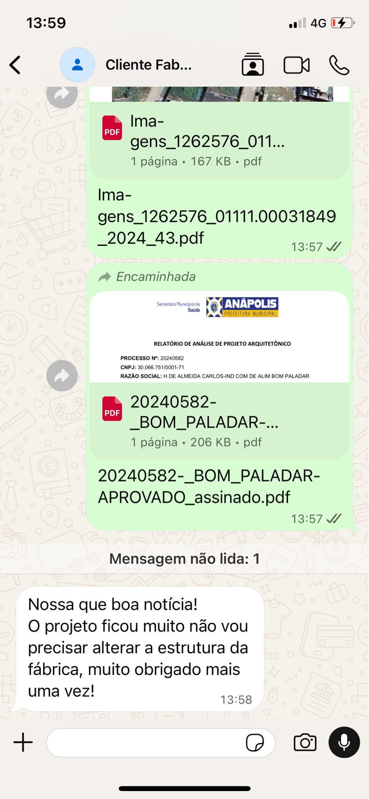 Captura de conversa no WhatsApp com cliente de indústria de alimentos comemorando a aprovação sem alteração da fábrica