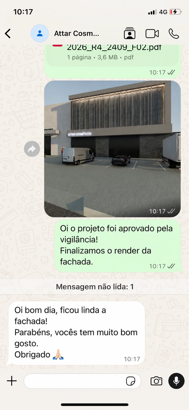 Captura de conversa no WhatsApp com cliente de cosméticos elogiando a fachada aprovada pela Vigilância Sanitária